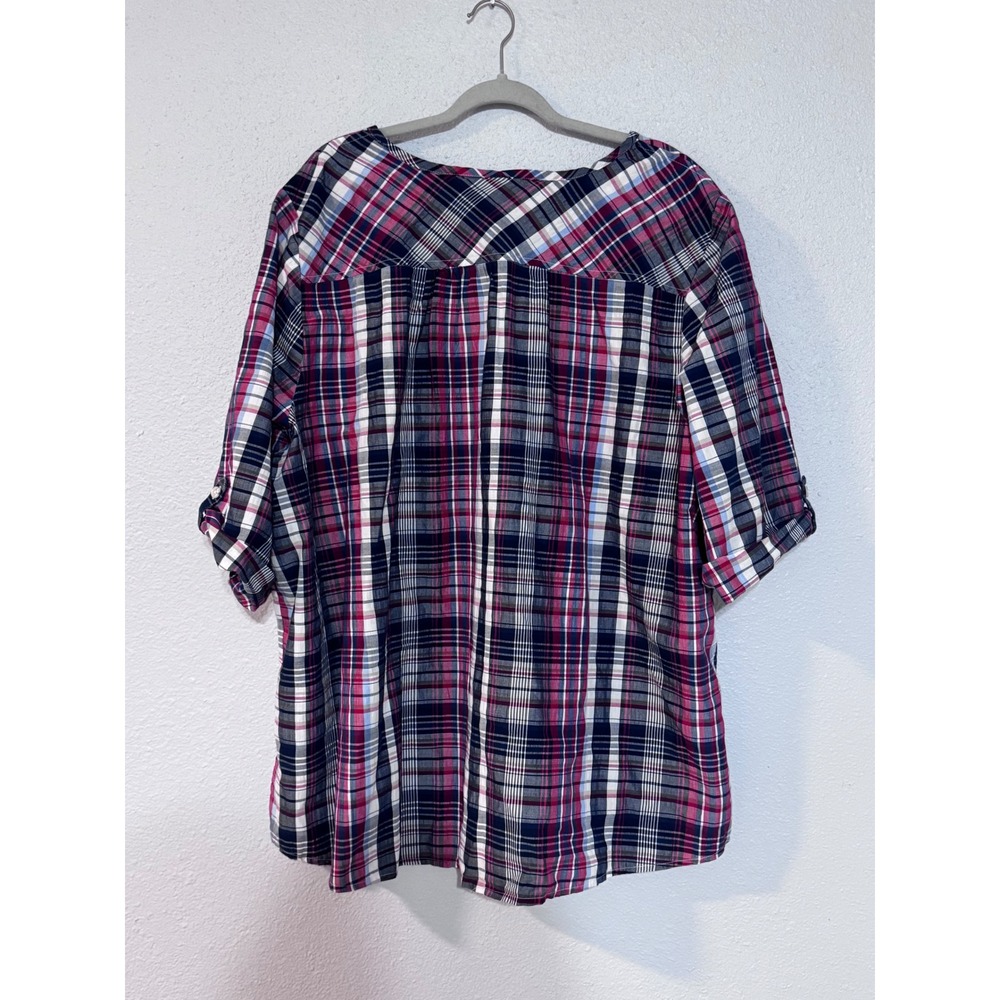 Catherines Womens 3X Plaid Henley Blouse Red Blue 3/4 Roll Tab Sleeve Top - Picture 7 of 11